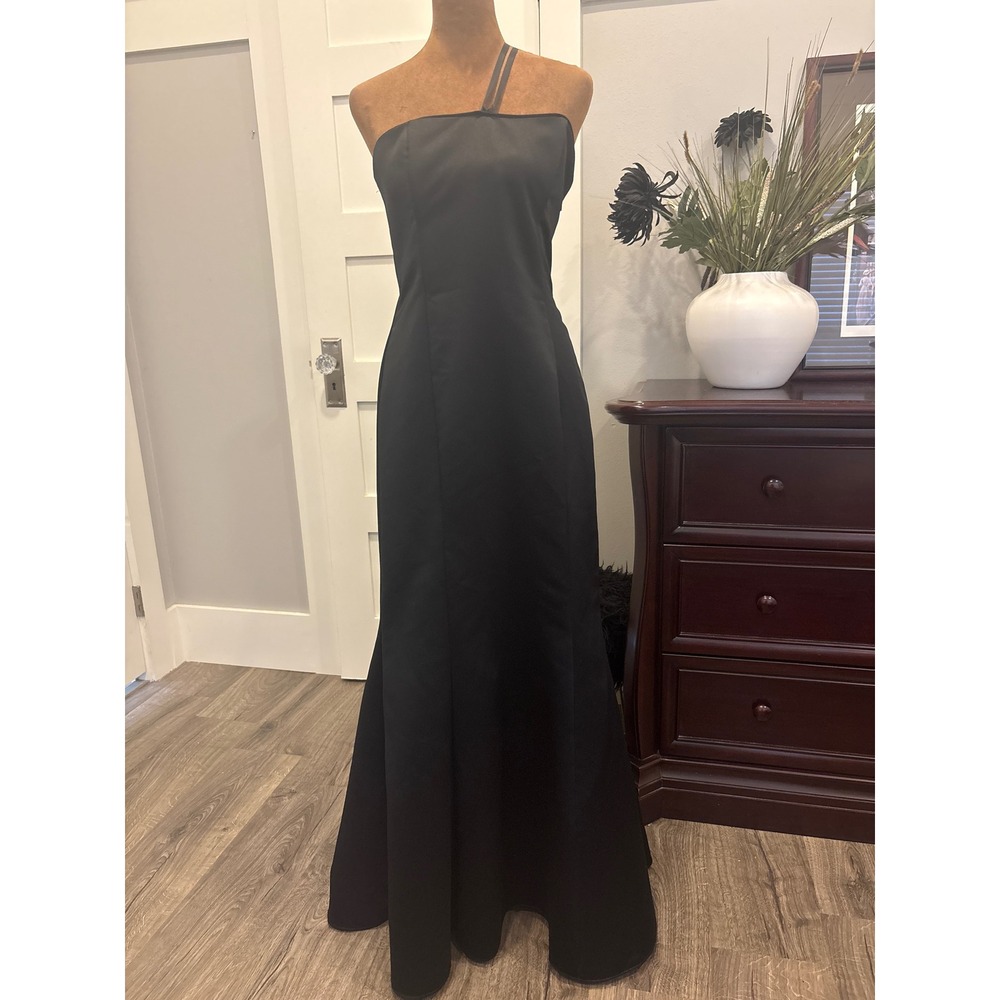 Vintage Jessica McClintock Gunne Sax Black Satin One Shoulder Corset Dress 7/8